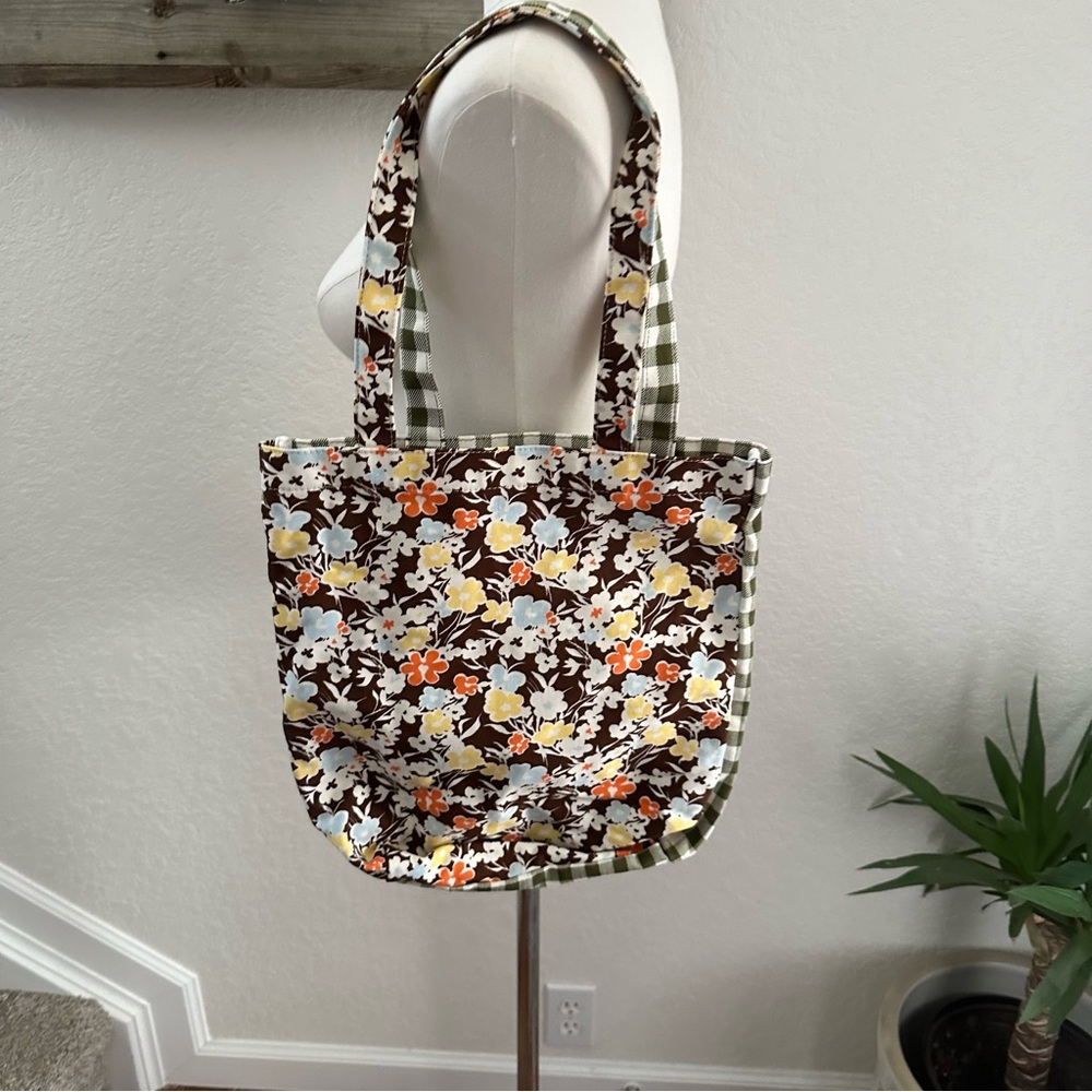 Tory Burch Reverie Floral Print & Green Gingham Check Canvas Shopping Tote Bag - Picture 2 of 6
